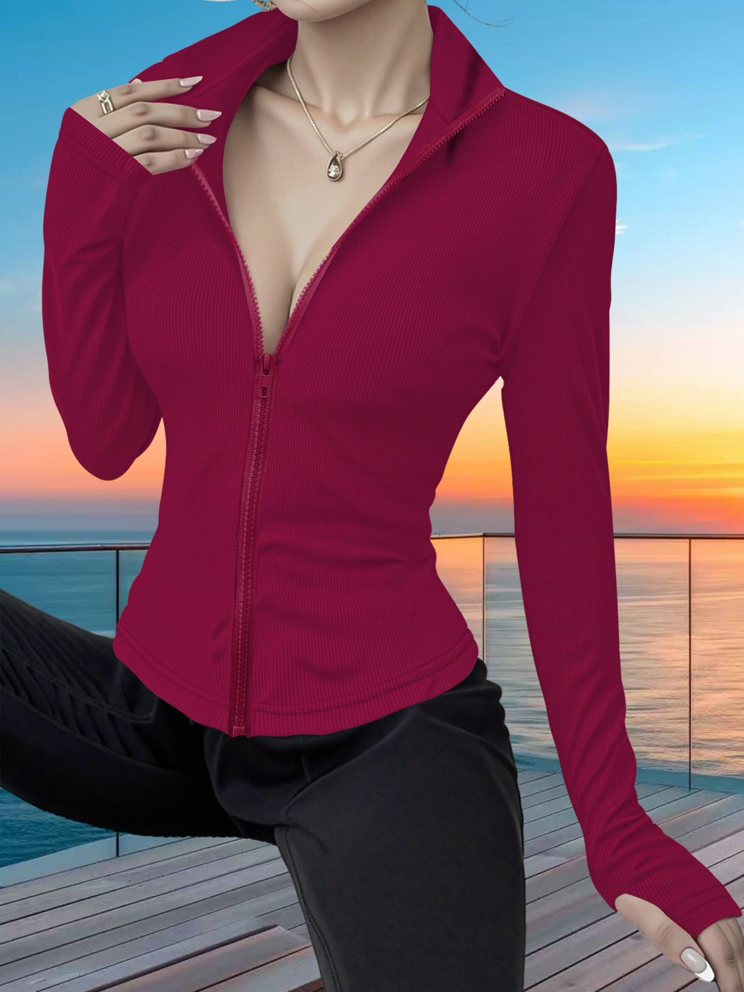 Yoga & Fitness With Denise - Stretchy Rib Knit Zip-Up Athletic Top,